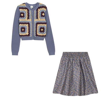 Woven Suede Flower Print Set Blue Grey