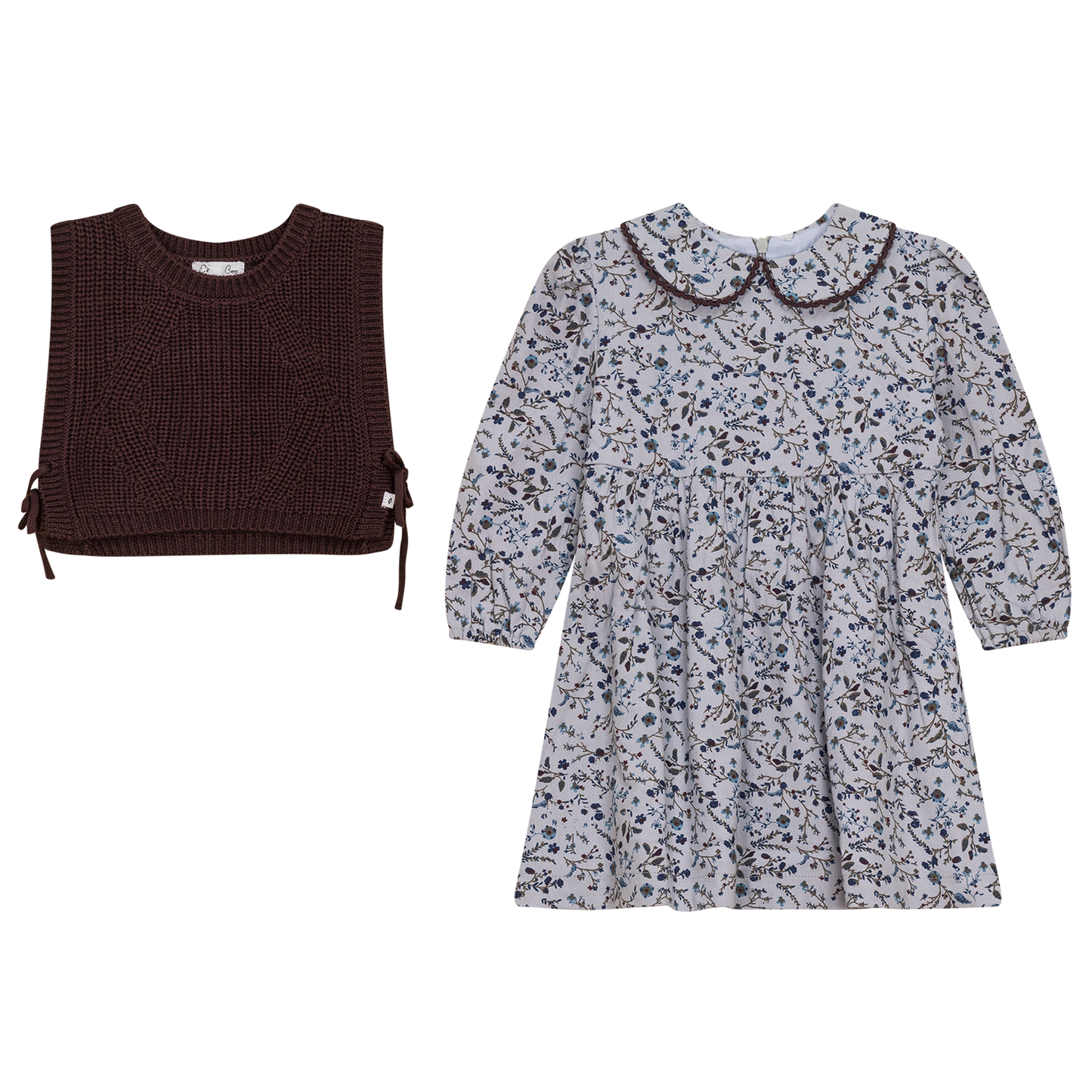 Woven Flower Print Dress with Vest Blue Grey