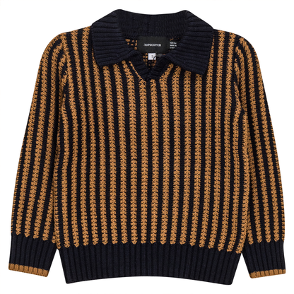 Stripe Textured Knit Sweater Dark Navy Cognac