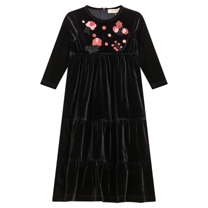 Flower Embroidered Velour Dress Black