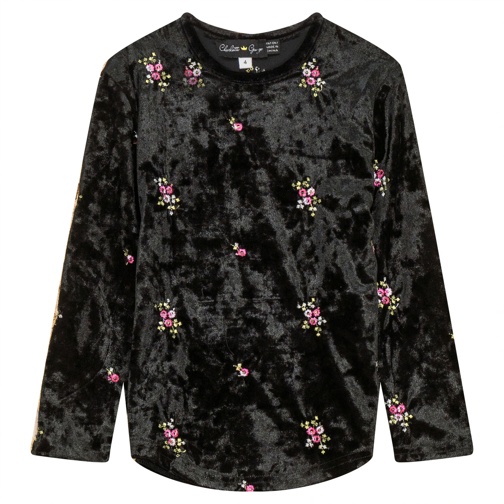 Velour Flower Embroidered Top Black