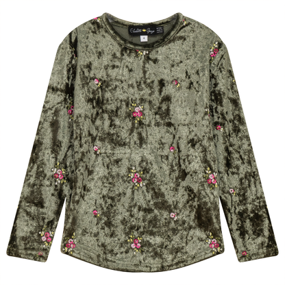 Velour Flower Embroidered Top Olive