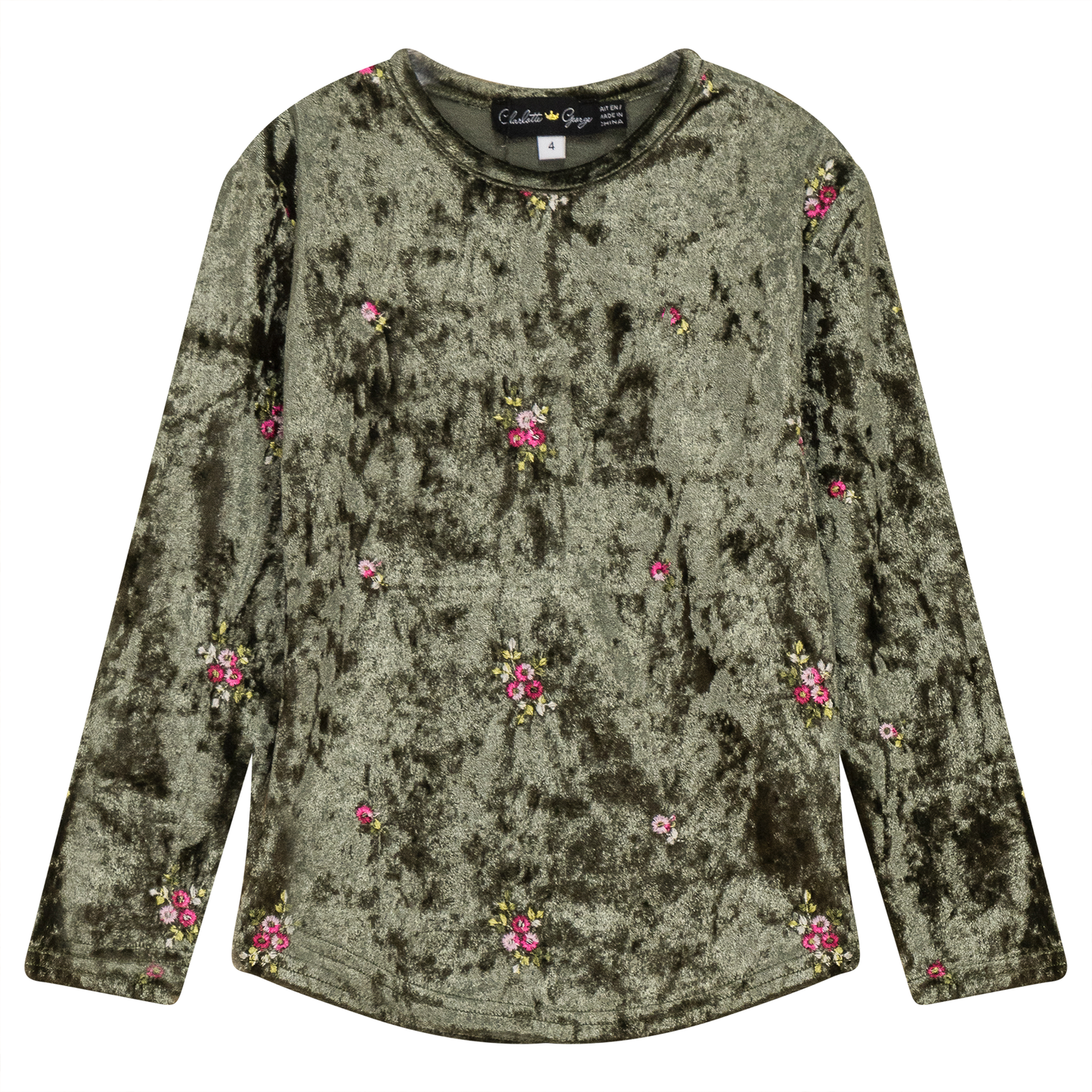 Velour Flower Embroidered Top Olive