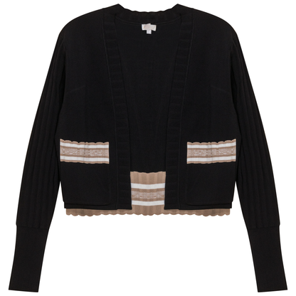 Striped Trim Crop Cardigan Black
