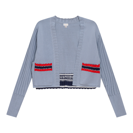 Striped Trim Crop Cardigan Light Denim