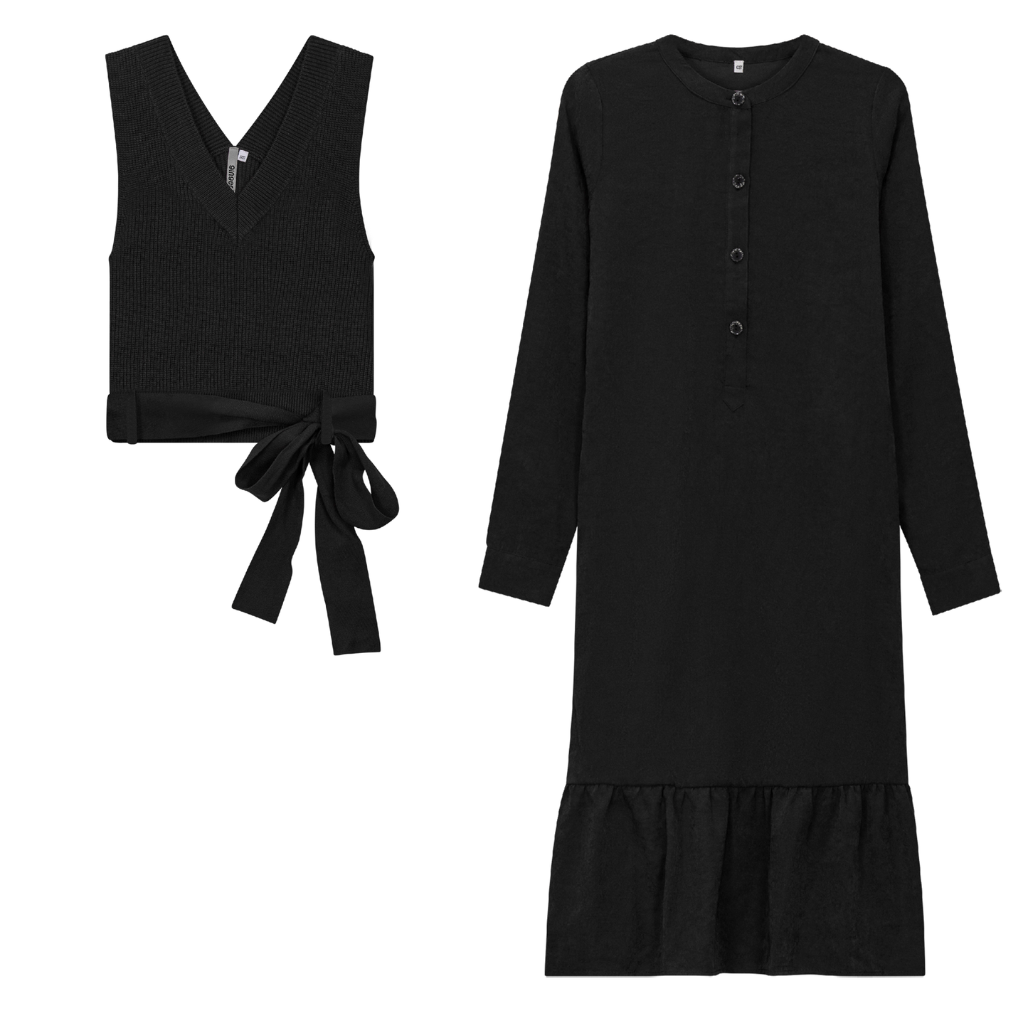Woven Dress with Knit Vest Black