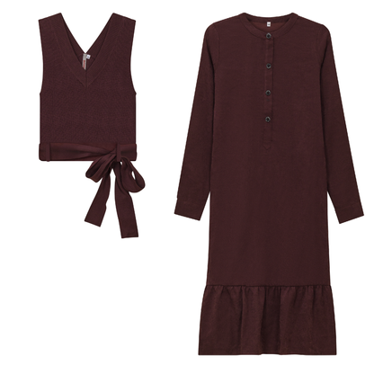 Woven Dress with Knit Vest Burgundy