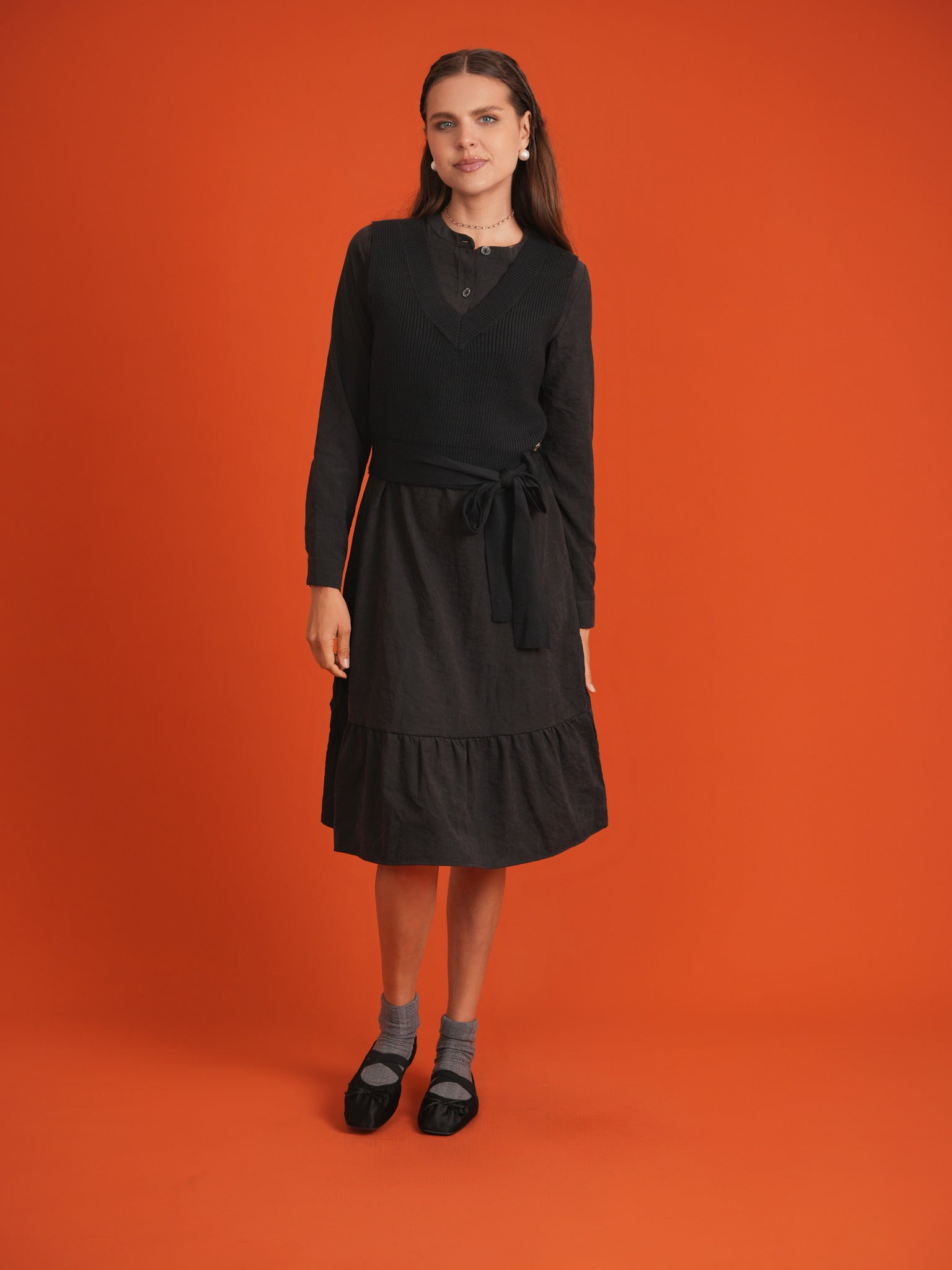 Woven Dress with Knit Vest