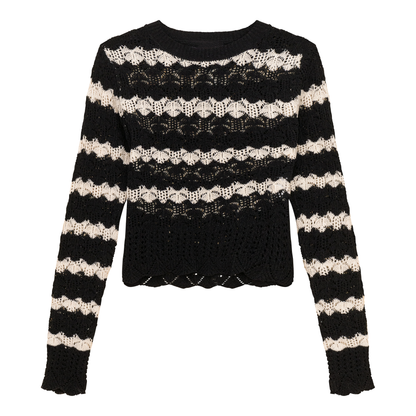 Cable Knit Lace Top Black Cream