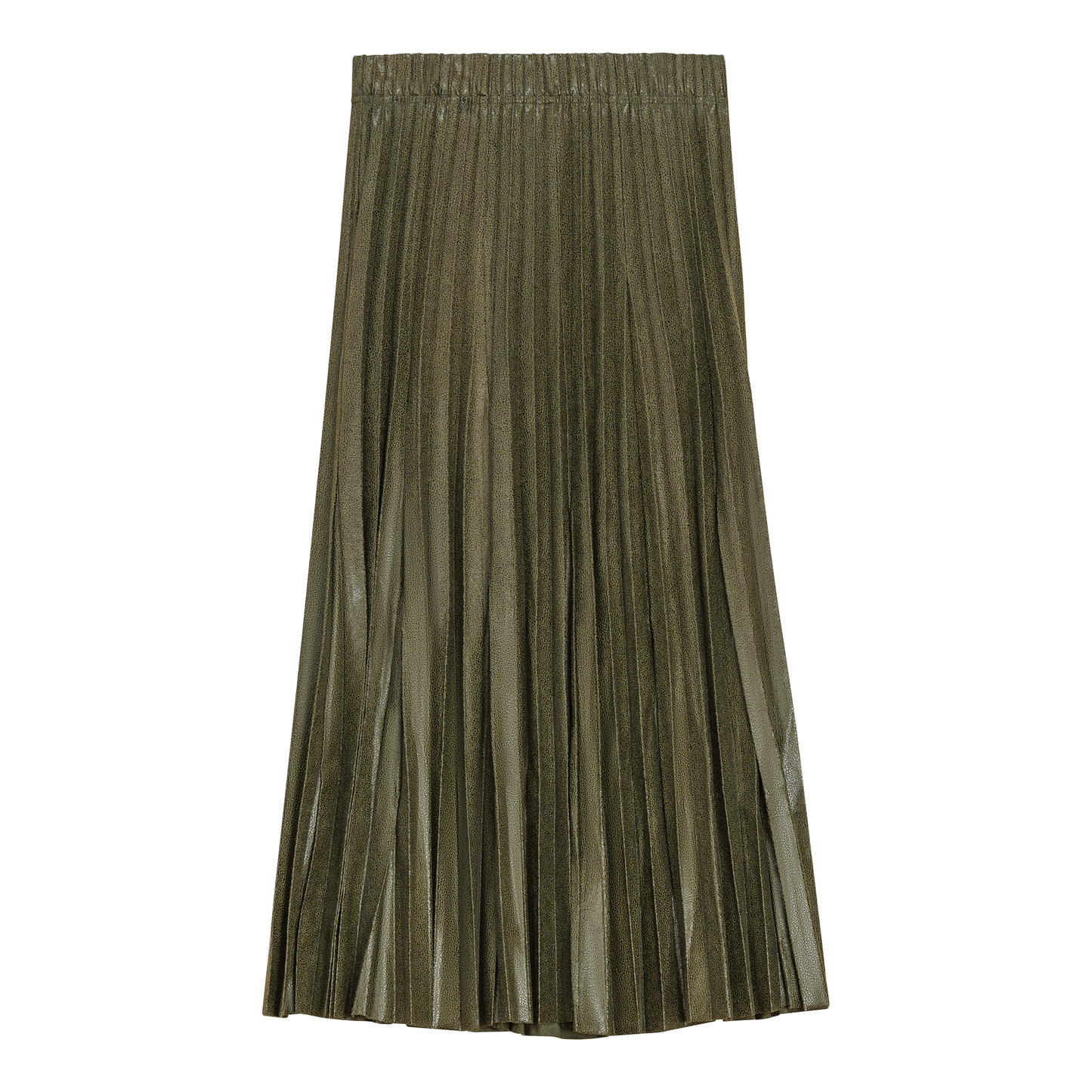 Leather Crinkle Pleated Midi Skirt Olive