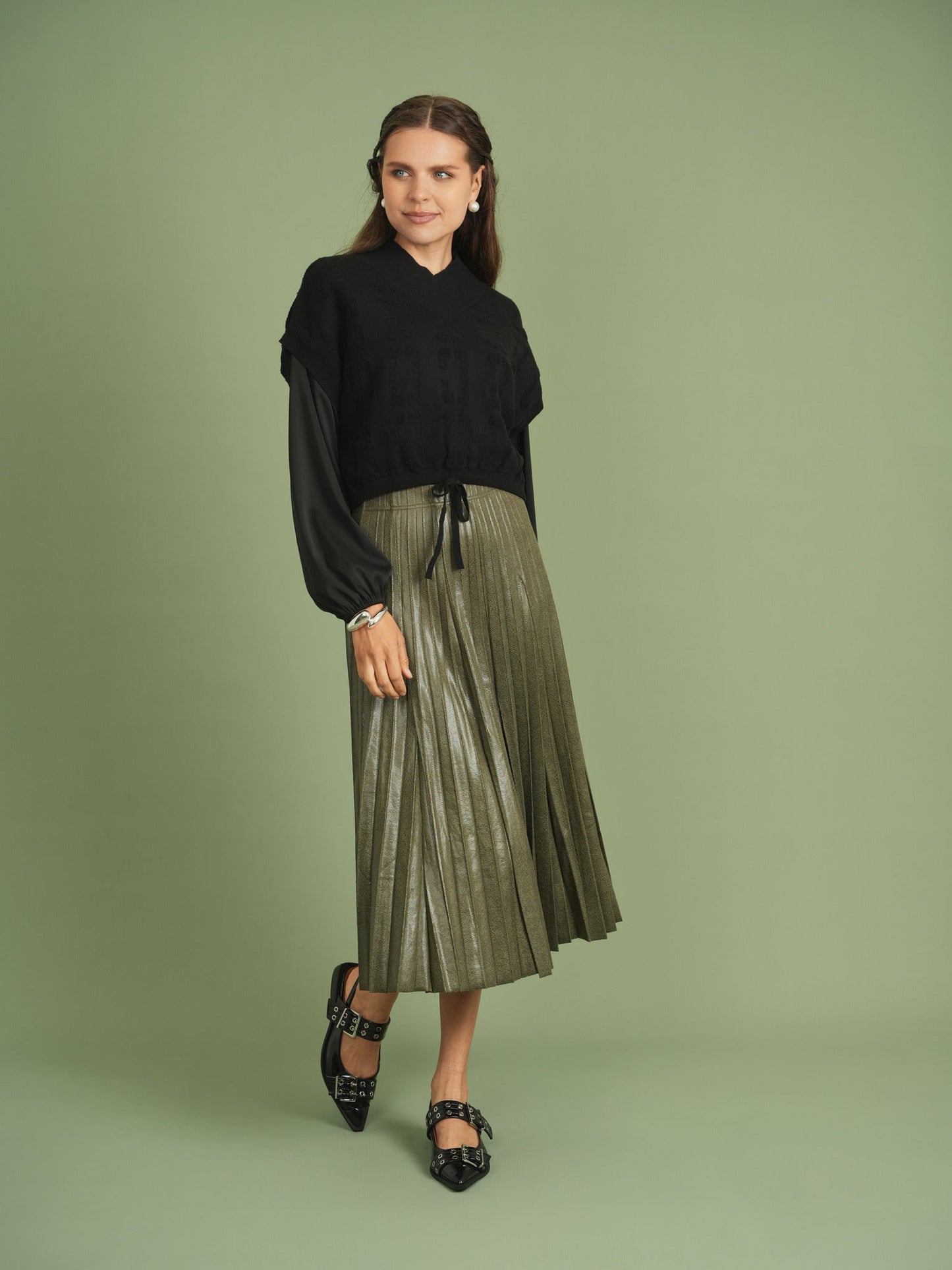 Leather Crinkle Pleated Midi Skirt