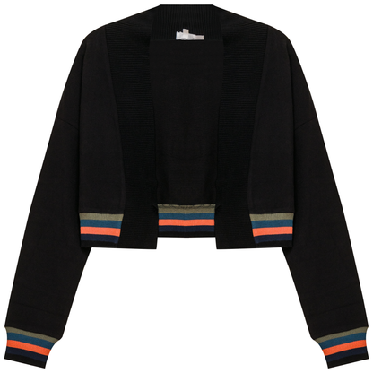 Striped Trim Crop Cardigan Black