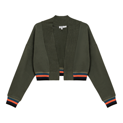Striped Trim Crop Cardigan Olive