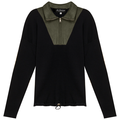 Maternity Ribbed Knit Zipper Bungee Sweater Black Dark Olive