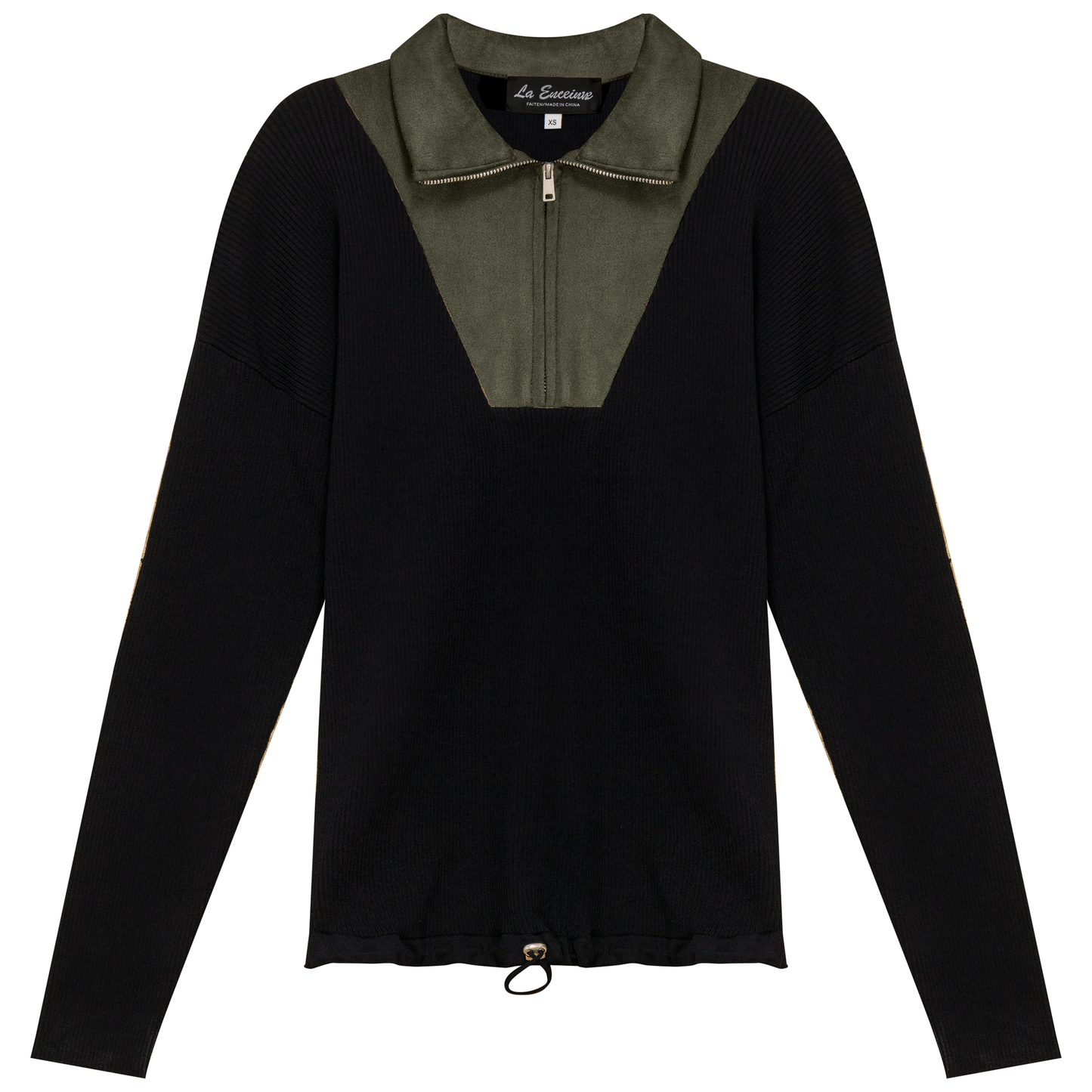 Maternity Ribbed Knit Zipper Bungee Sweater Black Dark Olive