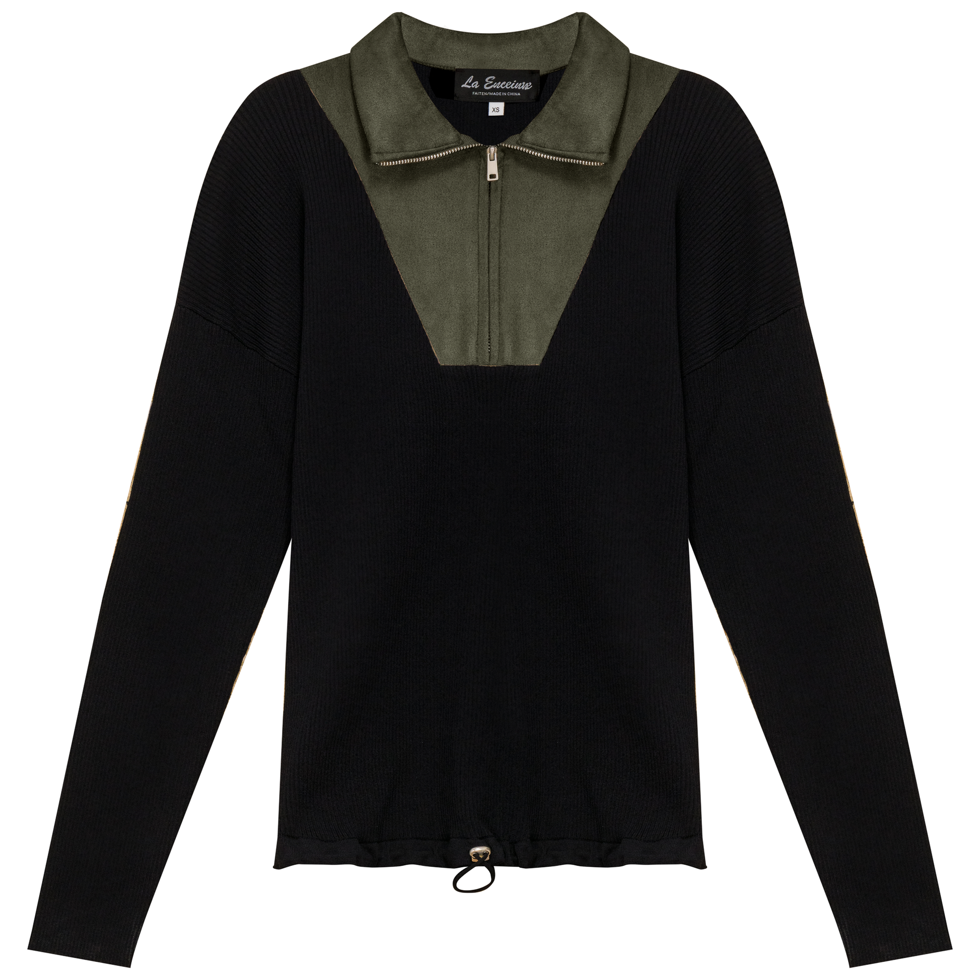 Maternity Ribbed Knit Zipper Bungee Sweater Black Dark Olive