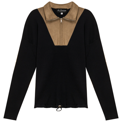 Maternity Ribbed Knit Zipper Bungee Sweater Black Dark Stone