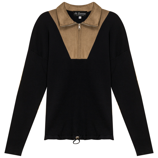 Maternity Ribbed Knit Zipper Bungee Sweater Black Dark Stone