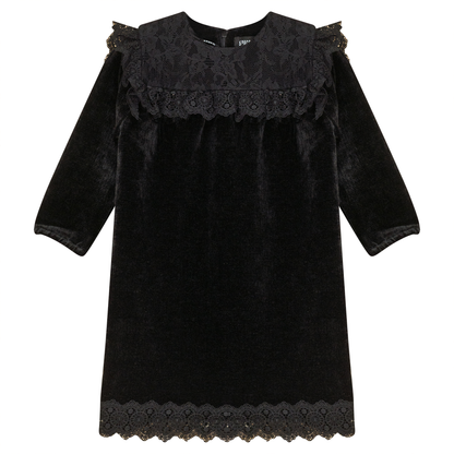 Lace Trim Velvet Dress Black