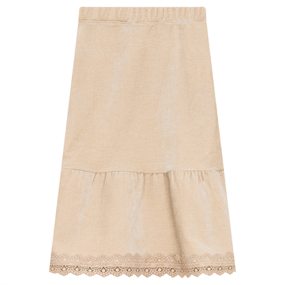 Lace Trim Velvet Skirt Beige