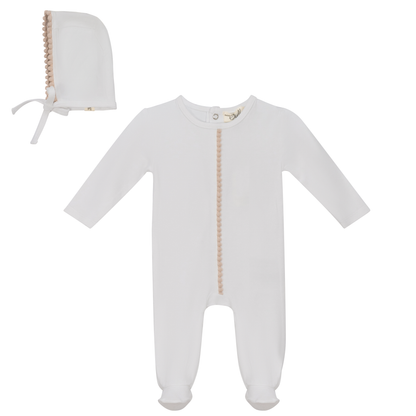 Pom Pom Trim Onesie with Bonnet White Beige