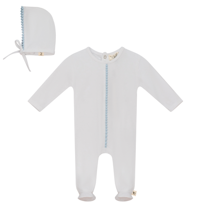 Pom Pom Trim Onesie with Bonnet White Blue