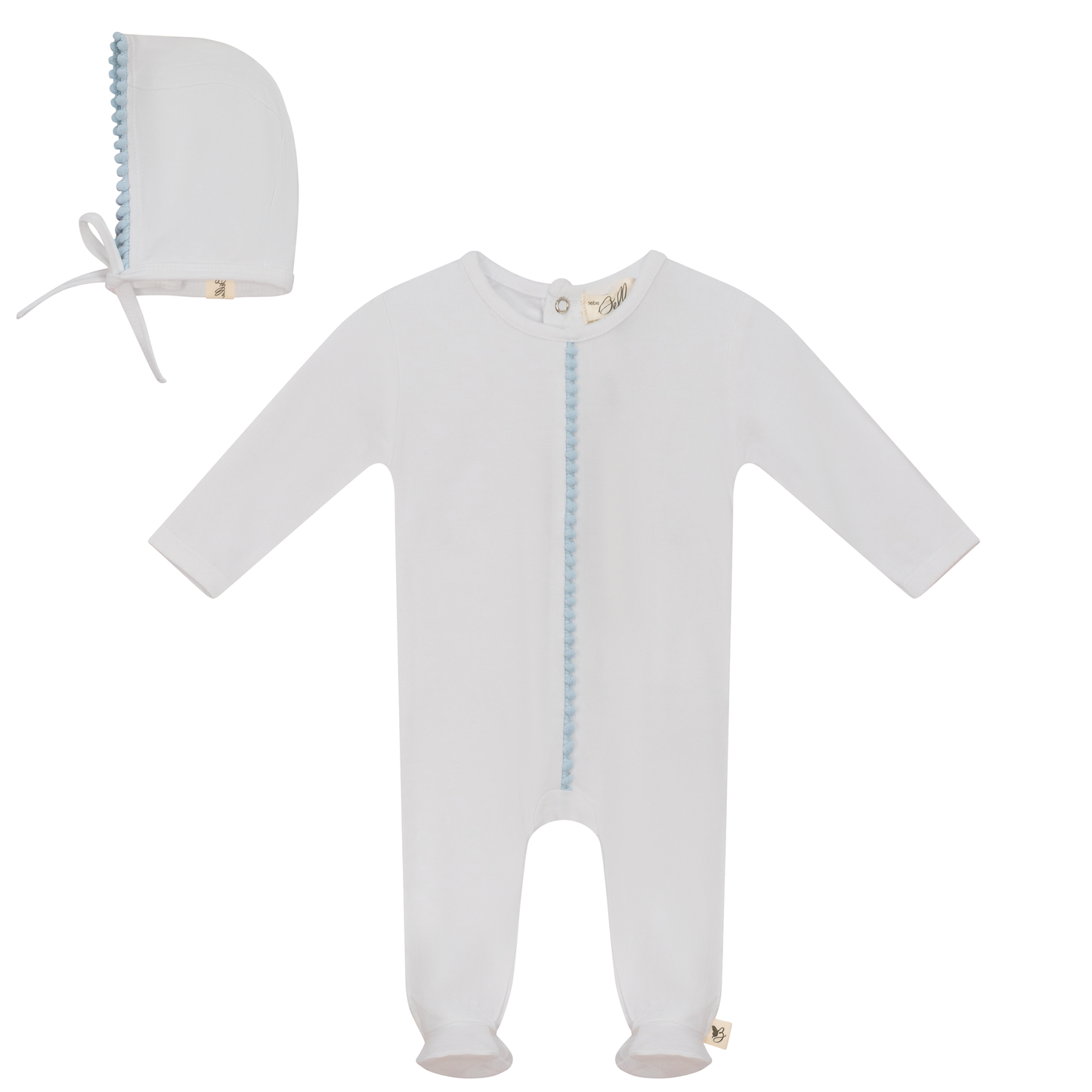 Pom Pom Trim Onesie with Bonnet White Blue