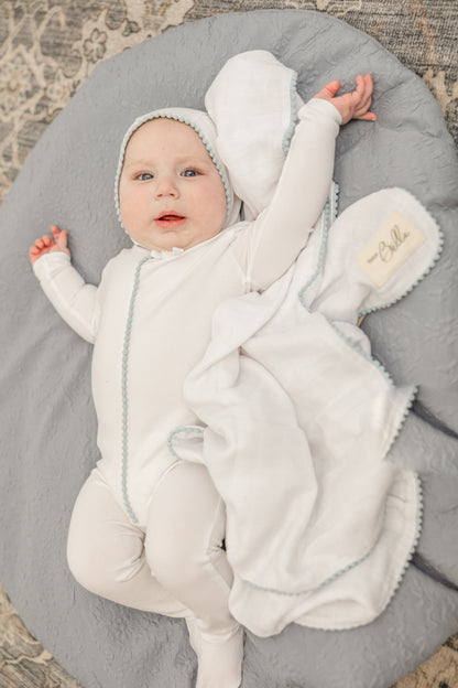 Pom Pom Trim Onesie with Bonnet