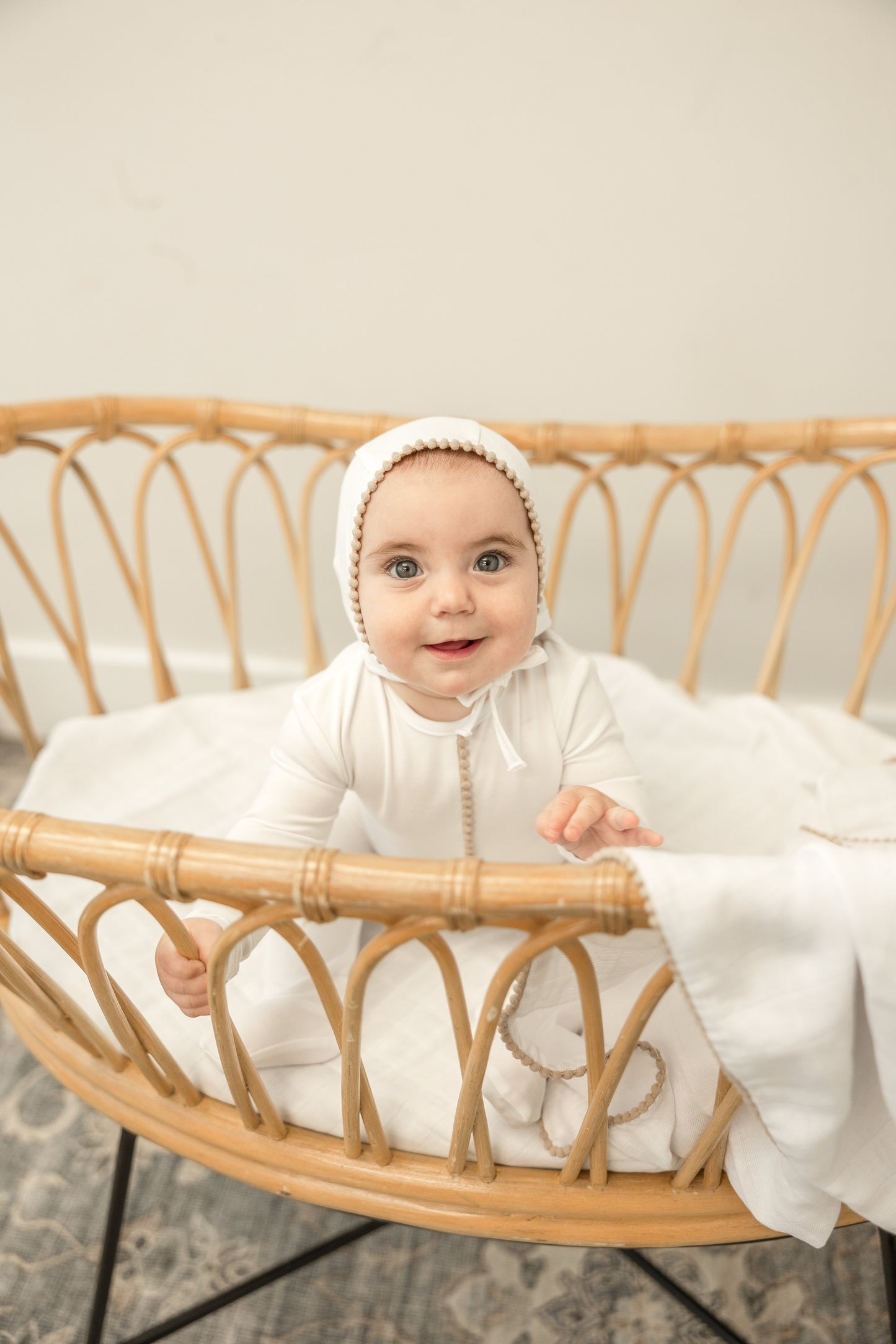 Pom Pom Trim Onesie with Bonnet