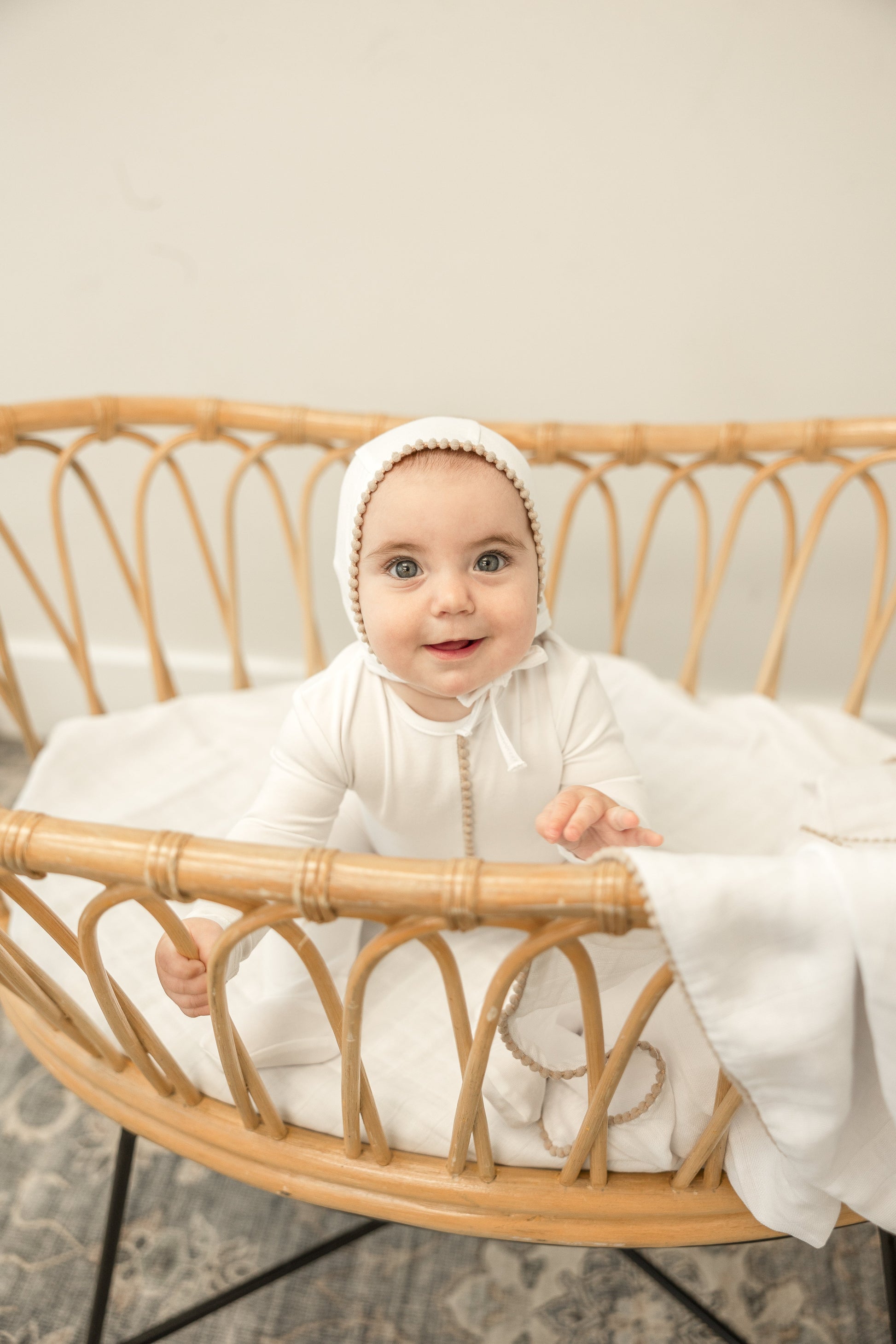 Pom Pom Trim Onesie with Bonnet