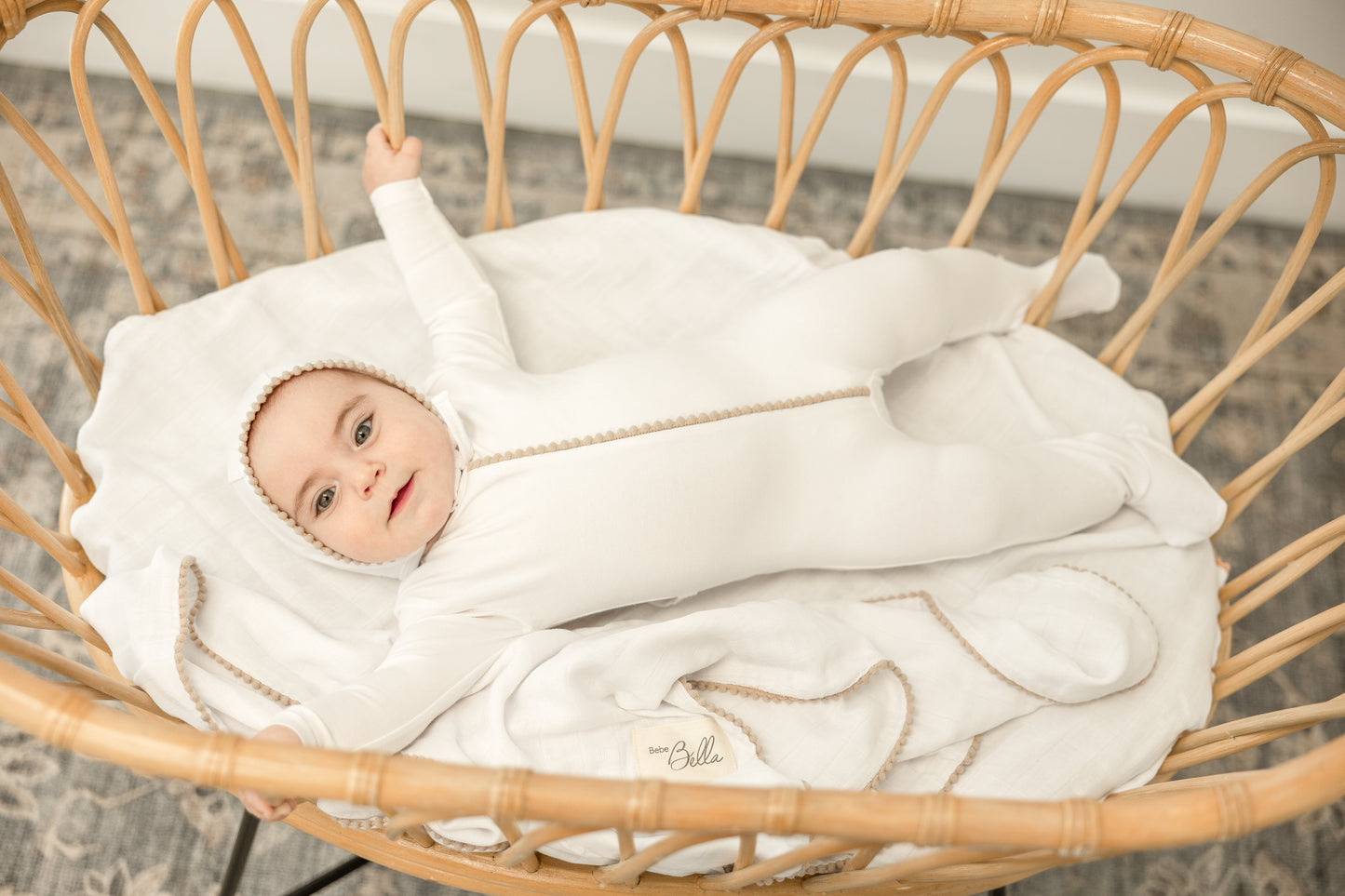 Pom Pom Trim Onesie with Bonnet