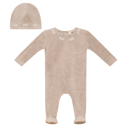 Bebe Embroidered Velour Onesie with Hat Beige