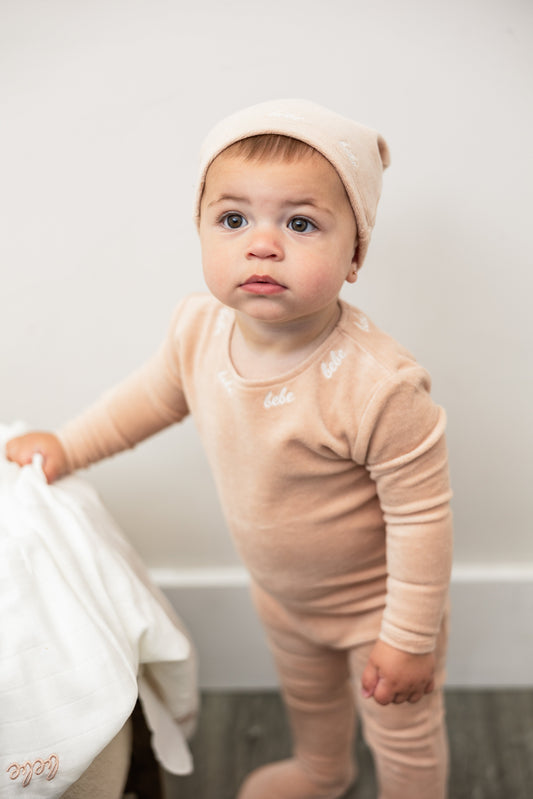 Bebe Embroidered Velour Onesie with Hat