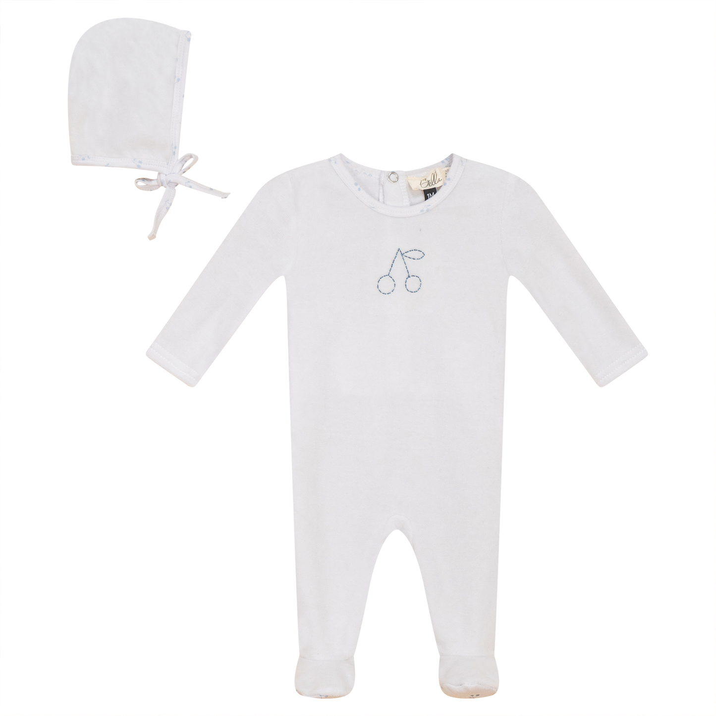 Cherry Print Onesie and Bonnet Velour Set White Blue