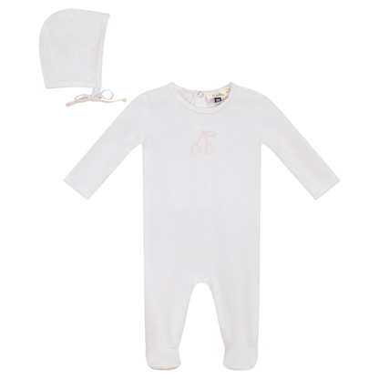 Cherry Print Onesie and Bonnet Velour Set White Pink