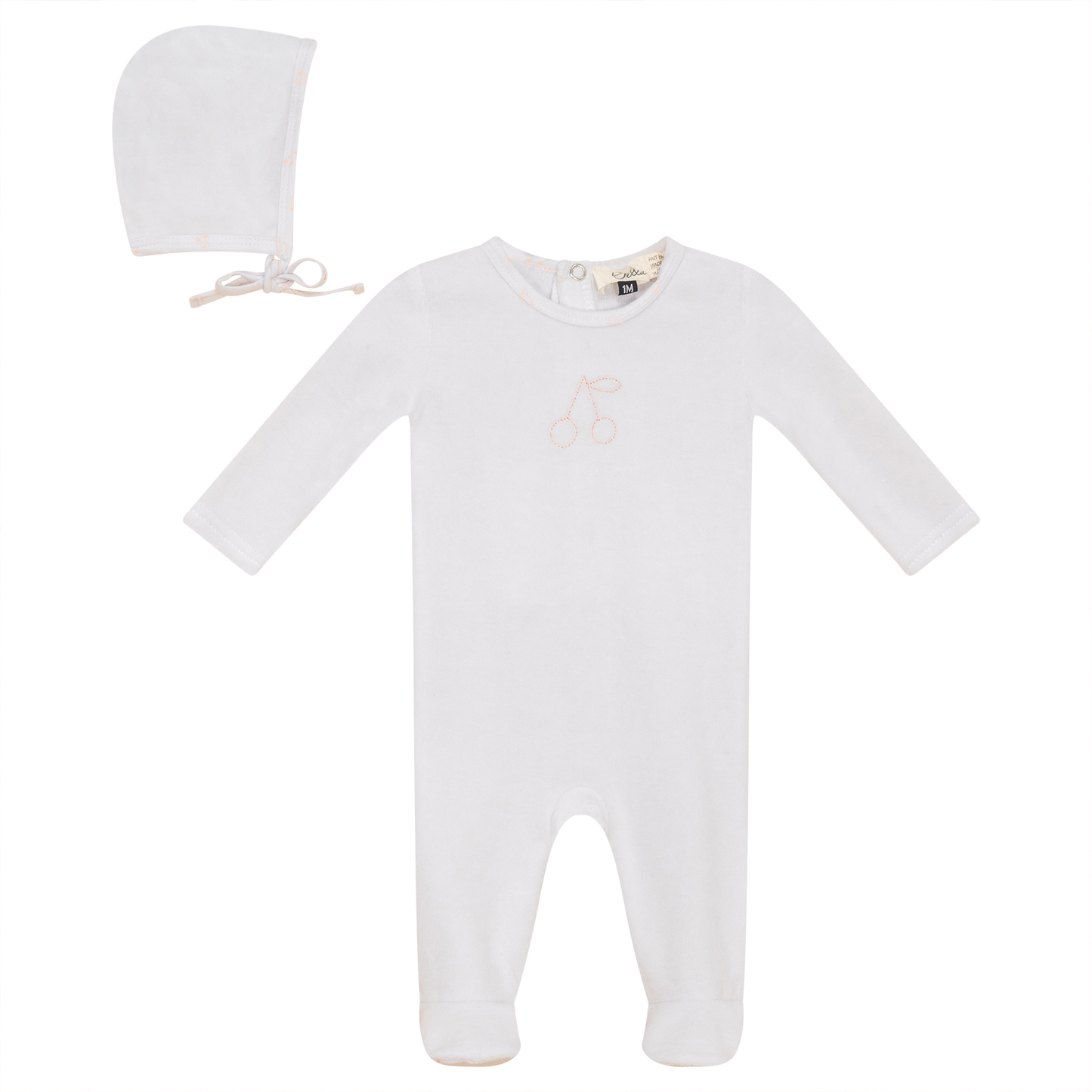 Cherry Print Onesie and Bonnet Velour Set White Pink