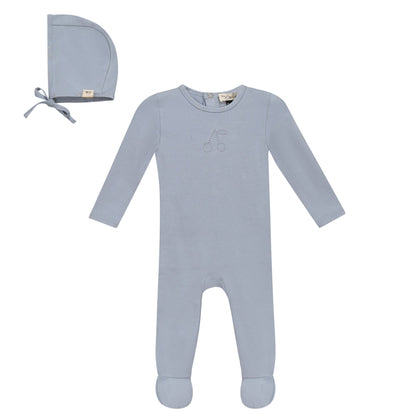 Cherry Print romper and Bonnet Set Blue