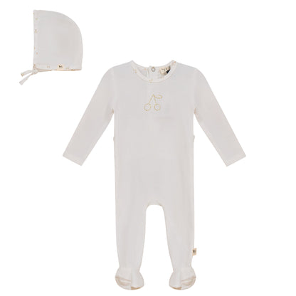 Cherry Print romper and Bonnet Set White
