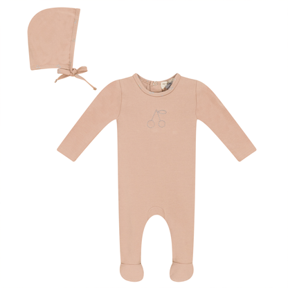 Cherry Print romper and Bonnet Set Light Maple