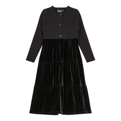 Velour Tired Jumper with Knit Cardigan Black