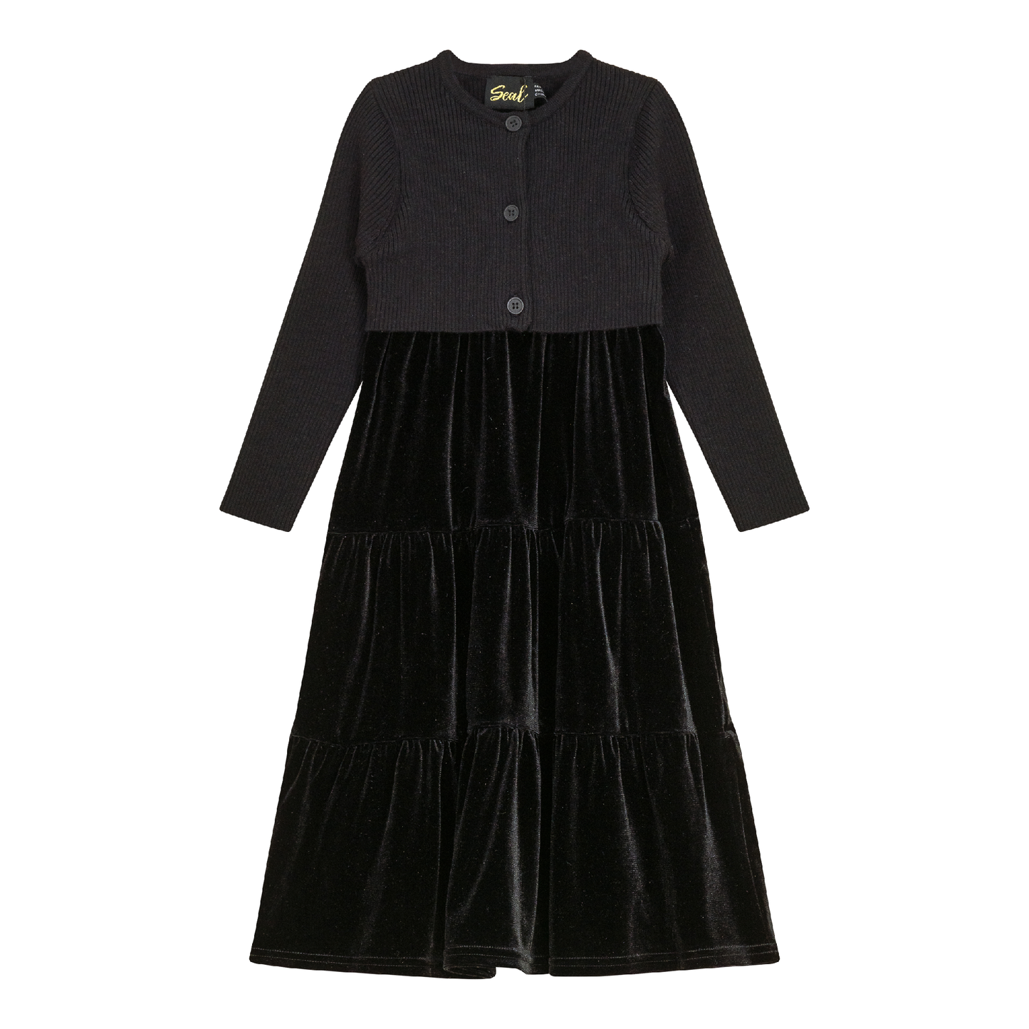 Velour Tired Jumper with Knit Cardigan Black