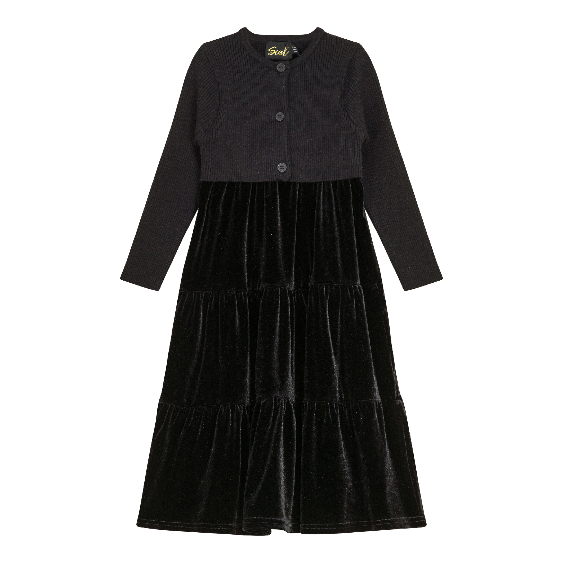 Velour Tired Jumper with Knit Cardigan Black