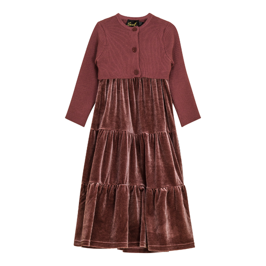 Velour Tired Jumper with Knit Cardigan Pink