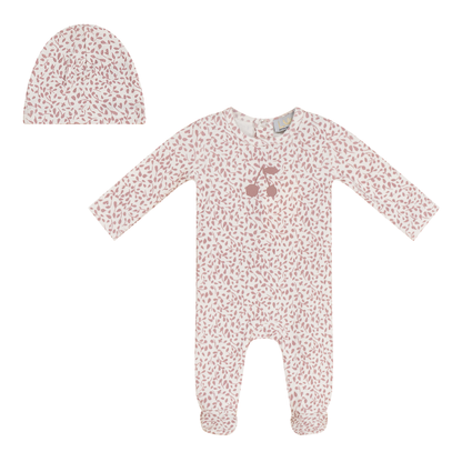 Cherry Print Onesie with Hat Off White Rose