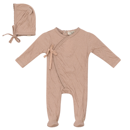Crinkled Jersey Wrap Onesie With Bonnet Light Maple