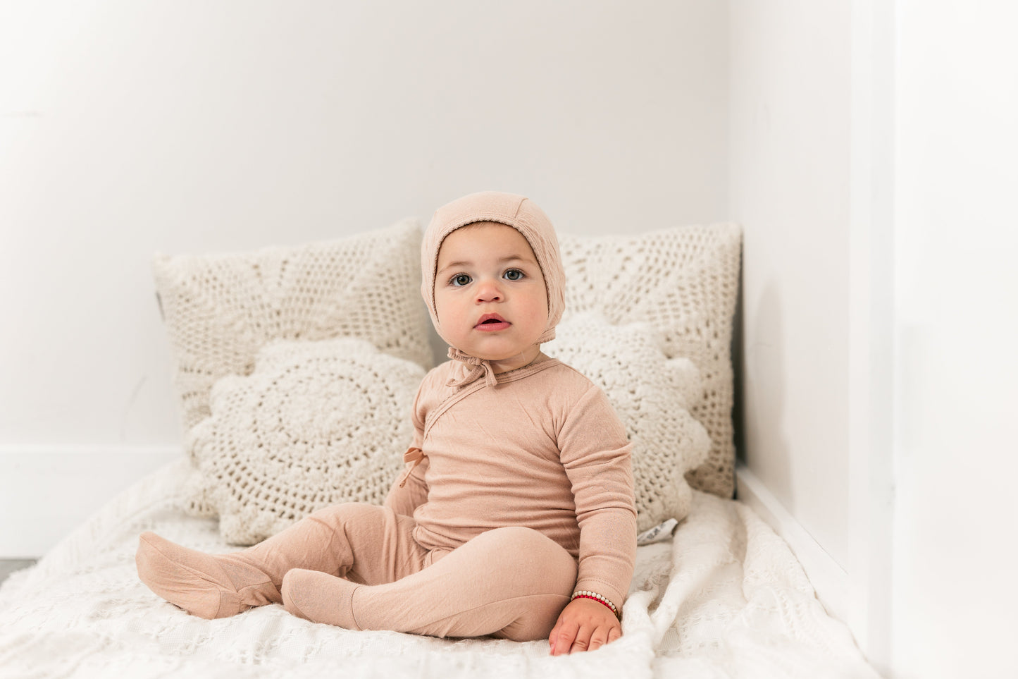 Crinkled Jersey Wrap Onesie With Bonnet