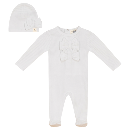 Bow Stitch Velour Onesie with Hat White