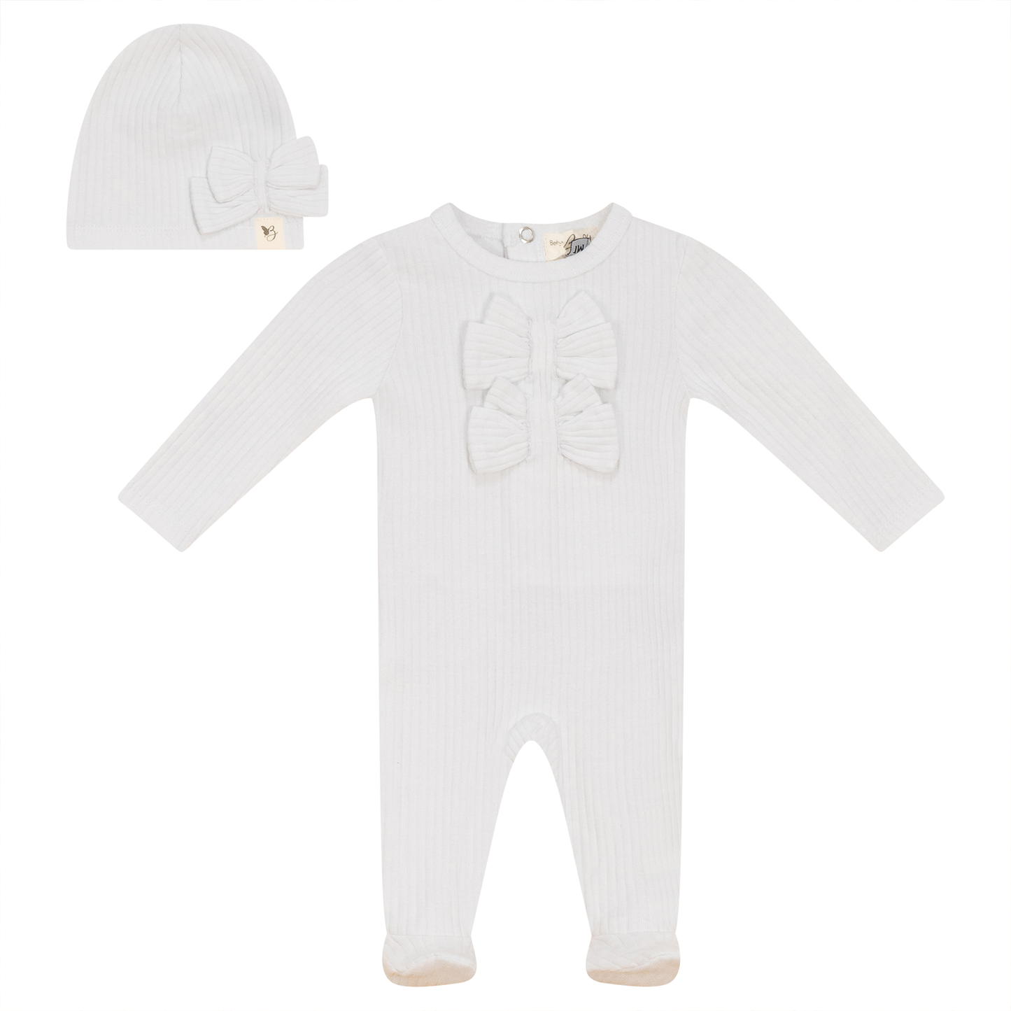 Bow Stitch Velour Onesie with Hat White