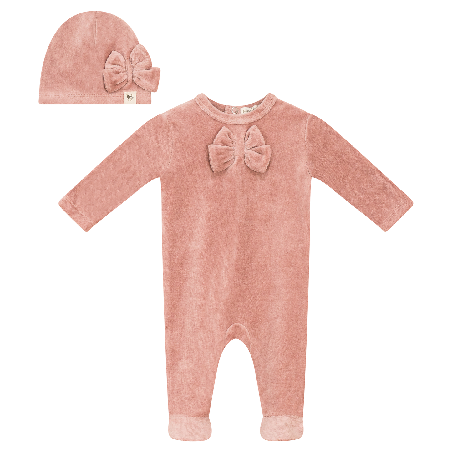 Bow Stitch Velour Onesie with Hat Pink