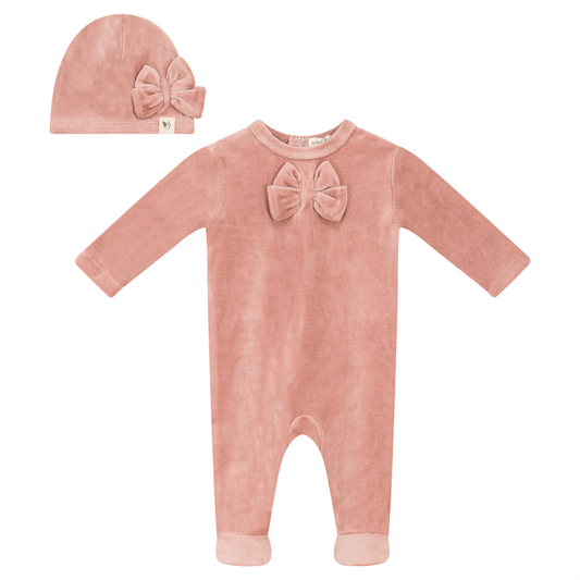 Bow Stitch Velour Onesie with Hat Pink